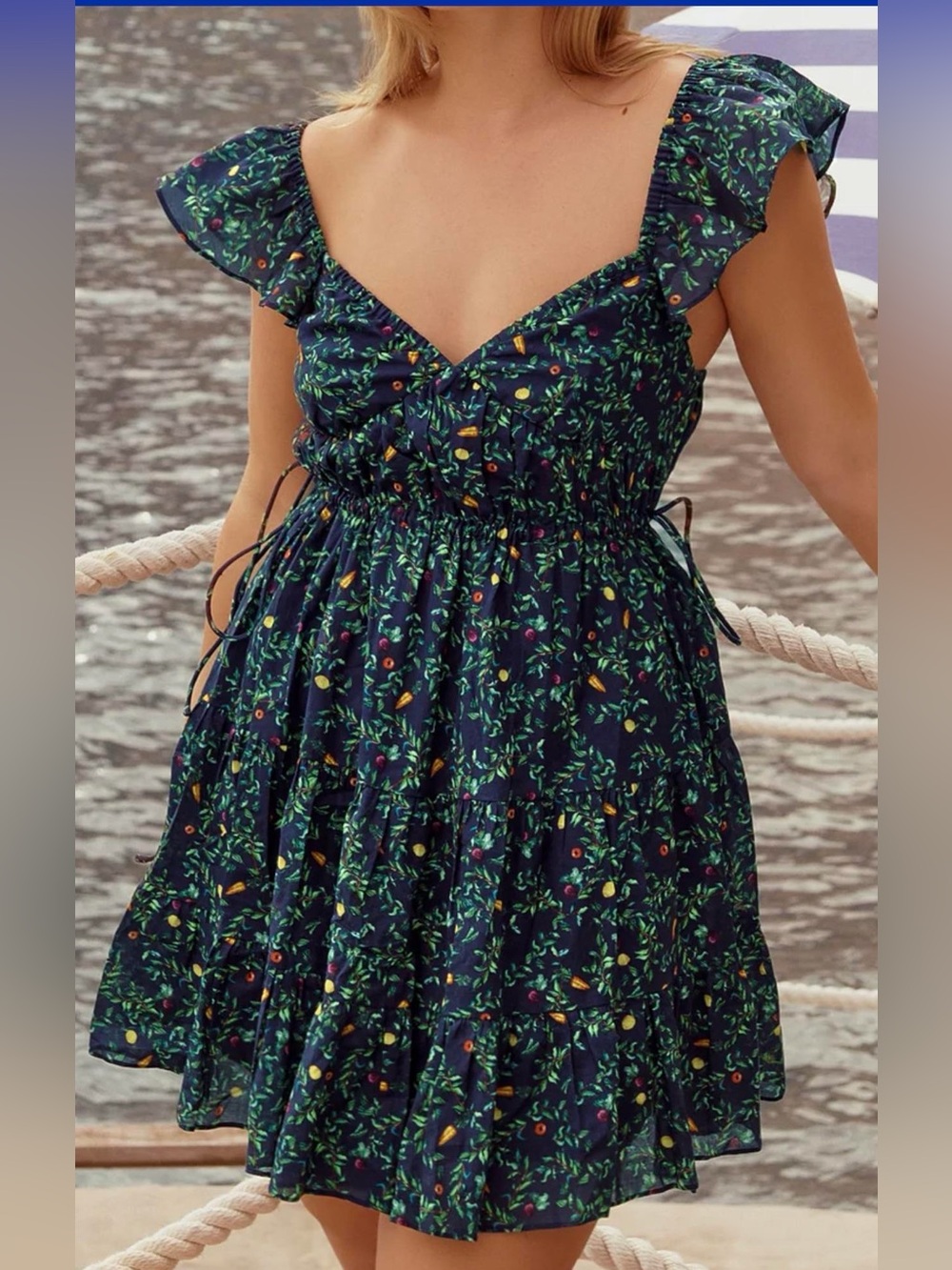 Hill House Navy Mini Dress with Green Leaf and Multicolor Floral Print
